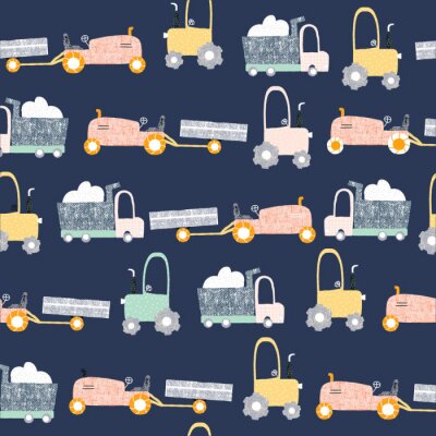 Tapete Childish seamless pattern with truck and tractor. Scandinavian kids print. Vector hand drawn illustration.