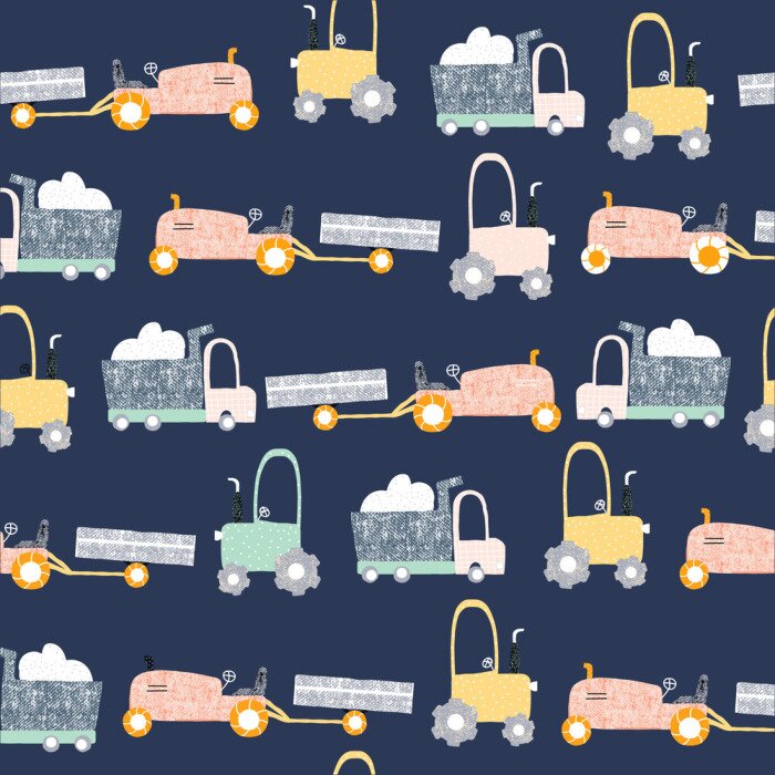 Tapete Childish seamless pattern with truck and tractor. Scandinavian kids print. Vector hand drawn illustration.