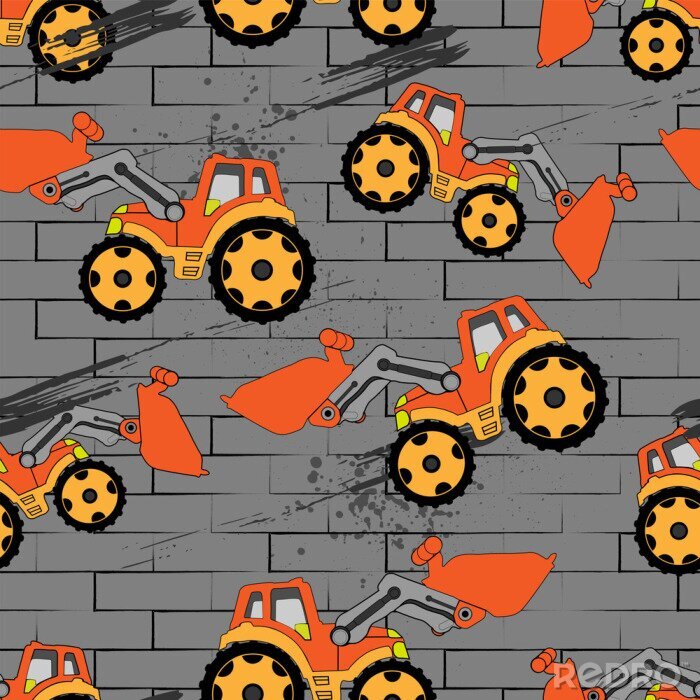 Tapete Children's cartoon orange tractor with bucket on gray background. Geometric elements, brick, brush effect. Abstract seamless pattern.