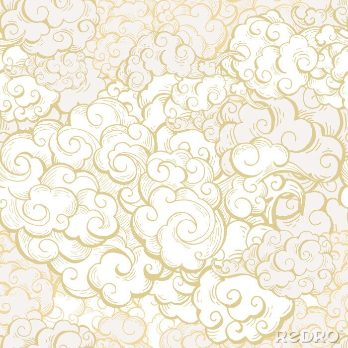Tapete Chinese clouds hand drawn vector seamless pattern. Japanese, oriental style textile ornament. Golden outline swirls, curls background. Asian traditional holidays postcard backdrop, wrapping paper