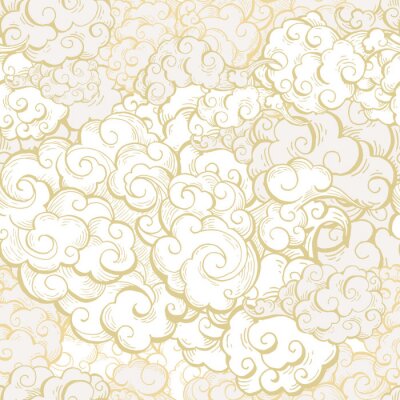 Tapete Chinese clouds hand drawn vector seamless pattern. Japanese, oriental style textile ornament. Golden outline swirls, curls background. Asian traditional holidays postcard backdrop, wrapping paper