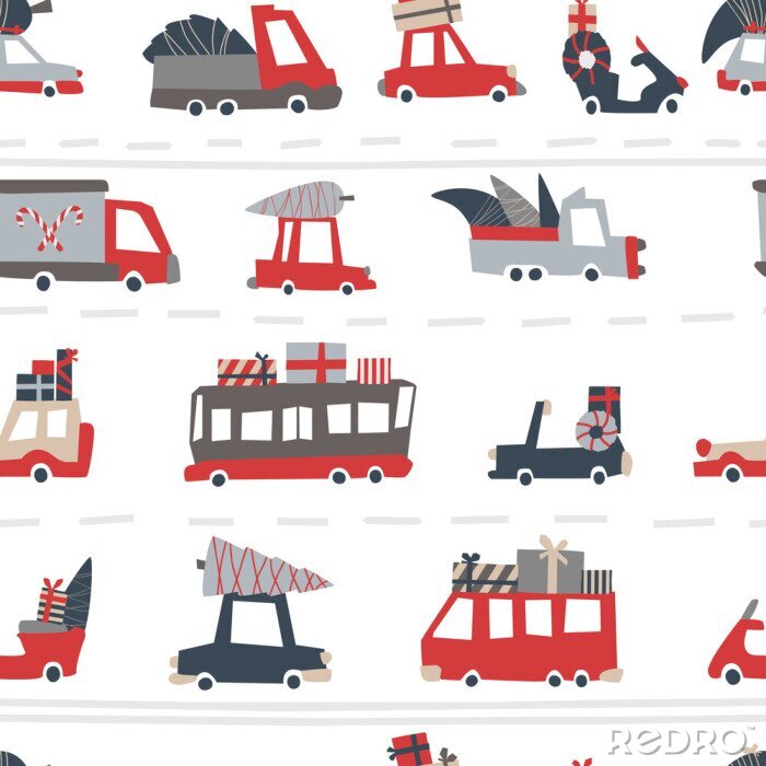 Tapete Christmas cars pattern. Childish vector seamless pattern of holiday roads in Scandinavian style. Moboes, buses, trucks with gifts