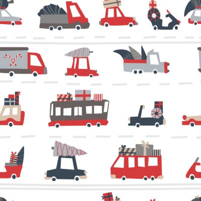 Tapete Christmas cars pattern. Childish vector seamless pattern of holiday roads in Scandinavian style. Moboes, buses, trucks with gifts