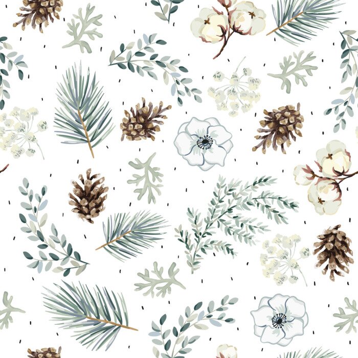 Tapete Christmas seamless pattern, cones, flowers, green pine twigs, white background. Vector illustration. Nature design. Season greeting. Winter Xmas holidays