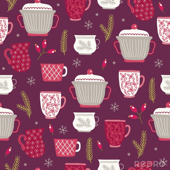 Tapete Christmas seamless pattern with cups, fir branches, berries, snowflake, barberry