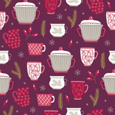 Tapete Christmas seamless pattern with cups, fir branches, berries, snowflake, barberry