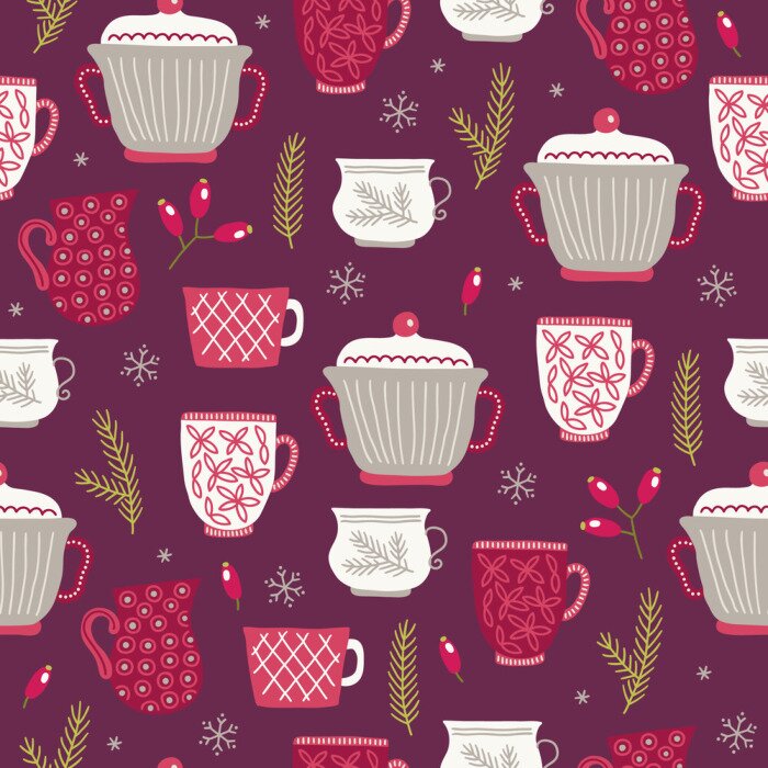 Tapete Christmas seamless pattern with cups, fir branches, berries, snowflake, barberry