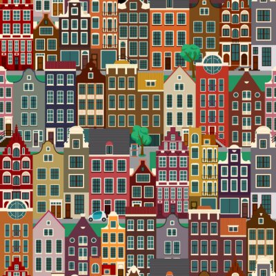 Tapete City streets with old buildings, seamless pattern