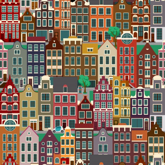 Tapete City streets with old buildings, seamless pattern
