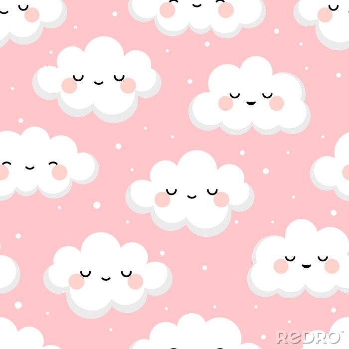 Tapete Cloud cute smiling face seamless pattern background with star glow, green repeating vector illustration