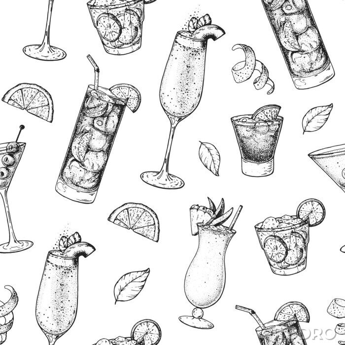 Tapete Cocktails hand drawn seamless pattern. Vector illustration. Alcoholic cocktails sketch set. Engraved style. Design template for bar.