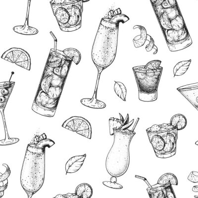 Tapete Cocktails hand drawn seamless pattern. Vector illustration. Alcoholic cocktails sketch set. Engraved style. Design template for bar.