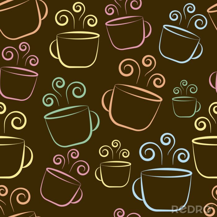 Tapete Coffee cup colorful seamless pattern on brown background