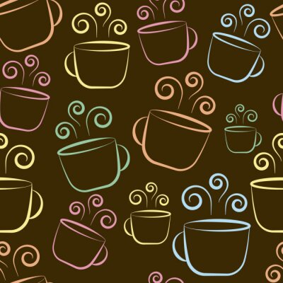 Tapete Coffee cup colorful seamless pattern on brown background