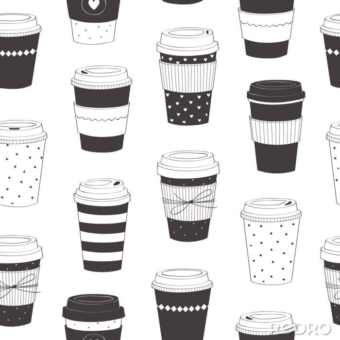 Tapete Coffee cup pattern. Vector seamless pattern with various disposable cups of coffee to go. Hand drawn doodle background