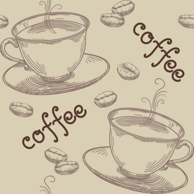 Tapete Coffee pattern. Vector seamless  pattern with coffee beans and caps at hand drawning style