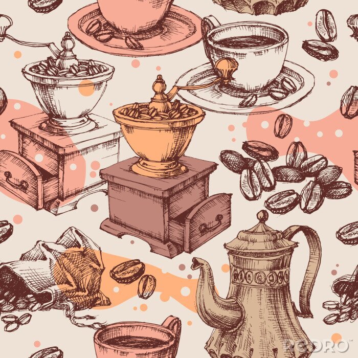 Tapete Coffee seamless pattern, coffee mill, kettle and other vintage coffee making items