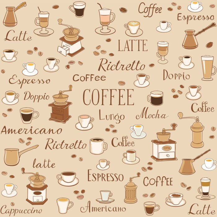 Tapete Coffee seamless pattern. Drawings of cups, coffee grinders and inscriptions. The inscription latte, espresso, ristretto and americano. Decoration for wrappers, menus, wallpapers and kitchen