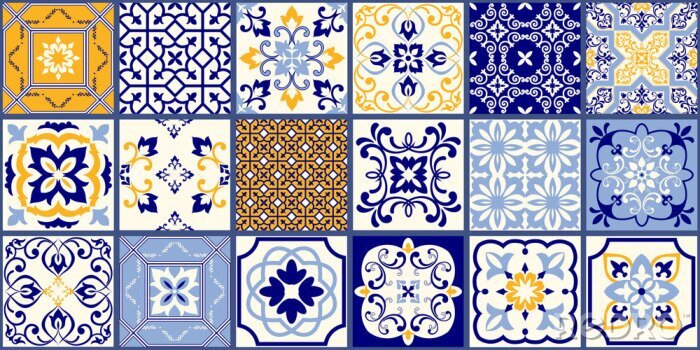 Tapete Collection of 18 ceramic tiles in turkish style. Seamless colorful patchwork from Azulejo tiles. Portuguese and Spain decor. Islam, Arabic, Indian, Ottoman motif. Vector Hand drawn background