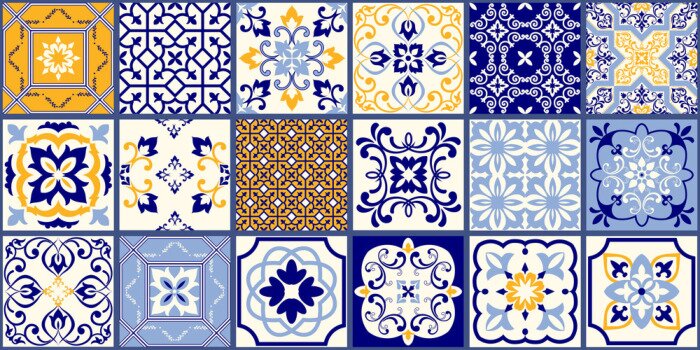 Tapete Collection of 18 ceramic tiles in turkish style. Seamless colorful patchwork from Azulejo tiles. Portuguese and Spain decor. Islam, Arabic, Indian, Ottoman motif. Vector Hand drawn background
