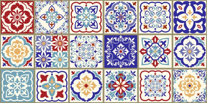 Tapete Collection of 18 ceramic tiles in turkish style. Seamless colorful patchwork from Azulejo tiles. Portuguese and Spain decor. Islam, Arabic, Indian, Ottoman motif. Vector Hand drawn background