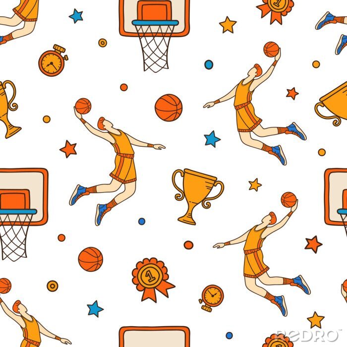 Tapete Colored seamless pattern of hand drawn basketball objects and symbols. Basketball doodle concept.