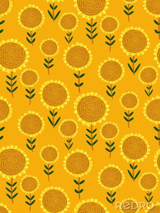 Tapete Colorful seamless pattern with small hand drawn sunflowers on bright yellow background. Cute floral print, abstract Botanical texture, Wallpaper, fabric, wrapping paper... Vector illustration.