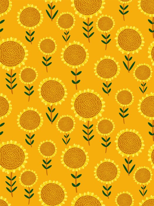 Tapete Colorful seamless pattern with small hand drawn sunflowers on bright yellow background. Cute floral print, abstract Botanical texture, Wallpaper, fabric, wrapping paper... Vector illustration.