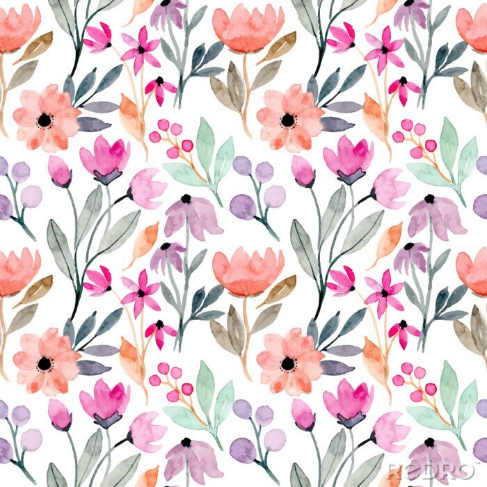 Tapete colorful wild floral watercolor seamless pattern