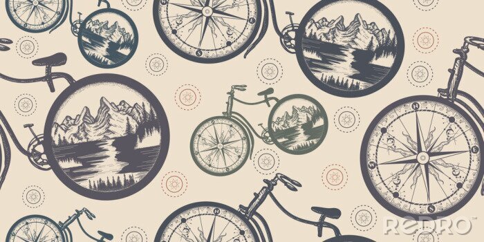 Tapete Compass and mountains in bicycle wheels. Seamless pattern. Packing old paper, scrapbooking style. Vintage background. Medieval manuscript, engraving art. Symbol of travel, tourism, adventure
