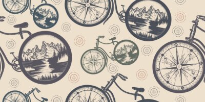 Tapete Compass and mountains in bicycle wheels. Seamless pattern. Packing old paper, scrapbooking style. Vintage background. Medieval manuscript, engraving art. Symbol of travel, tourism, adventure