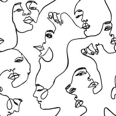 Tapete Continuous line face women seamless pattern - Vector Endless Background Fashion Female Portrait one line