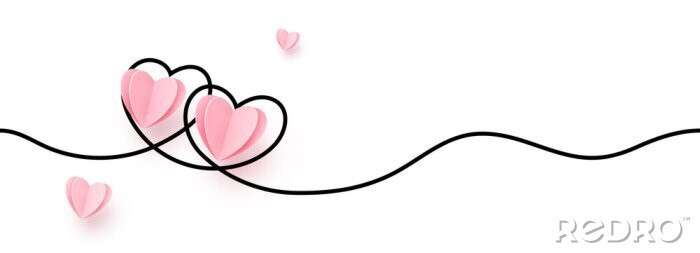 Tapete Continuous line heart shape border with realistic paper heart on white background for valentines, women, mother day greeting invitation graphic design