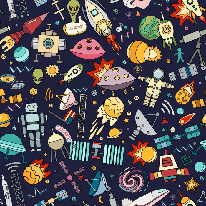 Tapete Cosmos vector background. Cartoon seamless background. Seamless pattern with cartoon space rockets, cosmonaut, planets, stars.