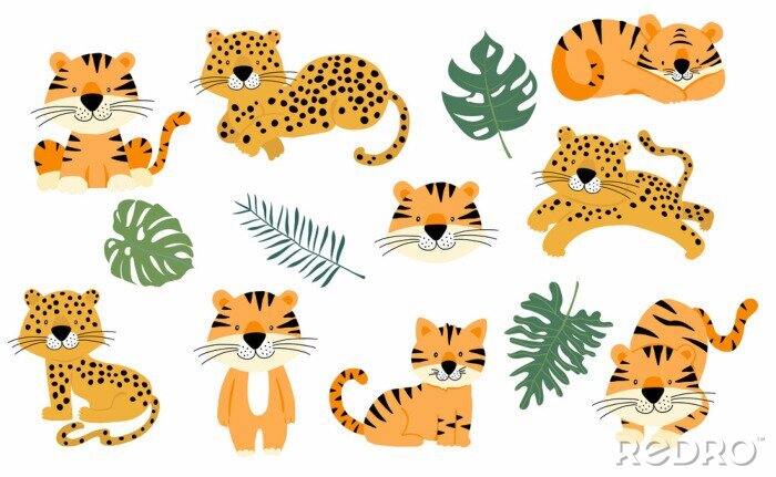 Tapete Cute animal object collection with leopard,tiger. illustration for icon,logo,sticker,printable