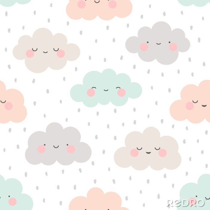Tapete Cute Cartoon Face Cloud Seamless Pattern Background with Dot, Vector illustration