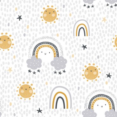 Tapete Cute , childish seamless vector pattern for baby textile. Nursery decor, prints,  in abstract scandinavian style. Hand drawn rainbow, sun, stars and polka dots background. Pastel, tender colors. 