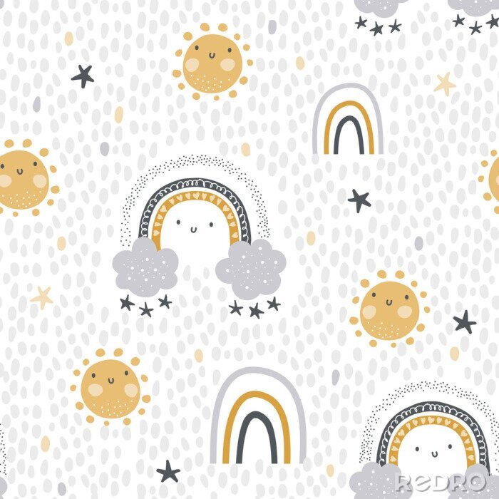 Tapete Cute , childish seamless vector pattern for baby textile. Nursery decor, prints,  in abstract scandinavian style. Hand drawn rainbow, sun, stars and polka dots background. Pastel, tender colors. 