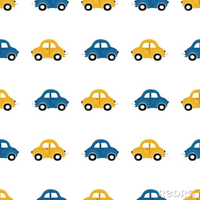 Tapete Cute children's seamless pattern with blue and yellow small cars on a light background. Illustration of a automobils in a cartoon style for Wallpaper, fabric, and textile design. Vector