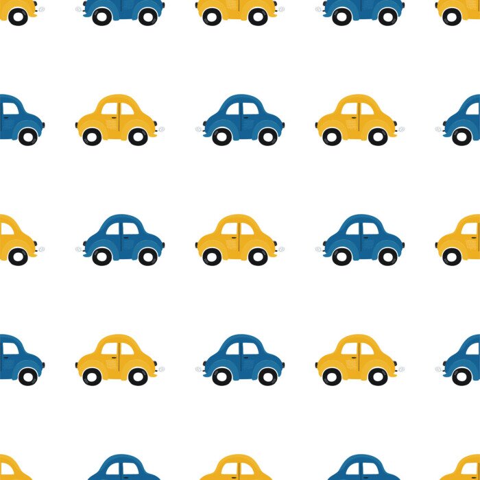 Tapete Cute children's seamless pattern with blue and yellow small cars on a light background. Illustration of a automobils in a cartoon style for Wallpaper, fabric, and textile design. Vector