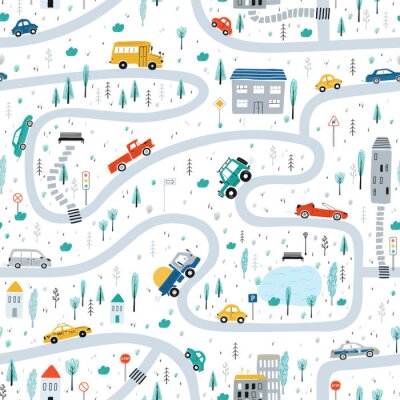 Tapete Cute children's seamless pattern with cars, road, Park, houses on a white background. Illustration of a town in a cartoon style for Wallpaper, fabric, and textile design. Vector