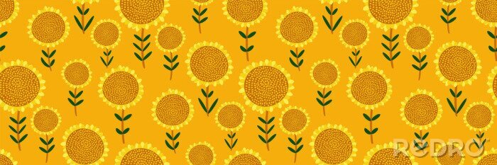 Tapete Cute floral print. Seamless pattern with small hand drawn sunflowers on bright yellow background. Abstract botanical panorama, Wallpaper, fabric, template for sunny design...Vector illustration.