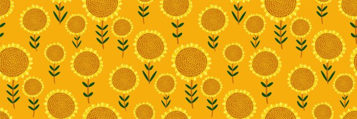 Tapete Cute floral print. Seamless pattern with small hand drawn sunflowers on bright yellow background. Abstract botanical panorama, Wallpaper, fabric, template for sunny design...Vector illustration.