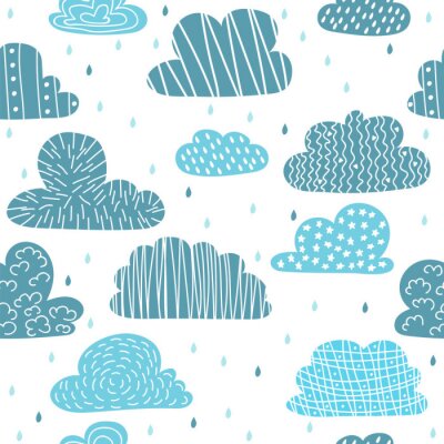 Tapete Cute hand drawn seamless pattern with clouds. Funny background