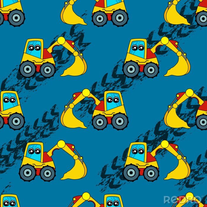Tapete Cute kids car, tractor pattern for girls and boys. Colorful car, auto, tractor on the abstract bright background create a fun cartoon drawing. Urban pattern for textile and fabric, kids. Neon color