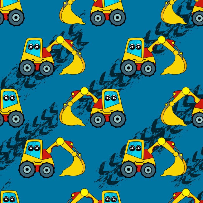 Tapete Cute kids car, tractor pattern for girls and boys. Colorful car, auto, tractor on the abstract bright background create a fun cartoon drawing. Urban pattern for textile and fabric, kids. Neon color