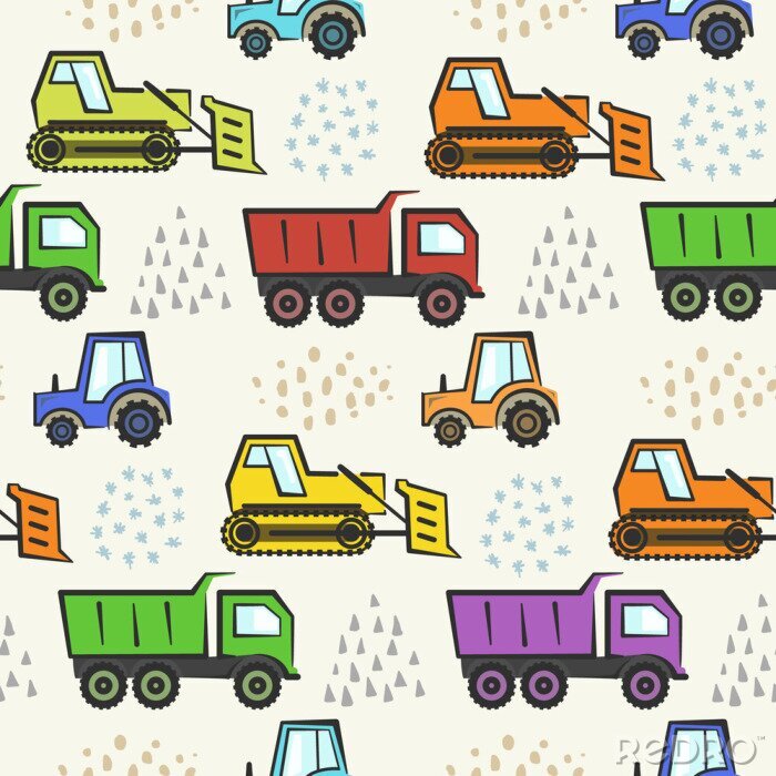 Tapete Cute kids seamless pattern with flat colorful industrial transport and abstract hand drawn shapes. Childish boys texture with cartoon dozer, tractor and dumper for textile, wrapping paper, wallpaper