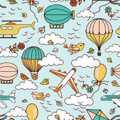 Tapete Cute Luft nahtlose Muster mit Heißluftballons, Vögel und Wolken