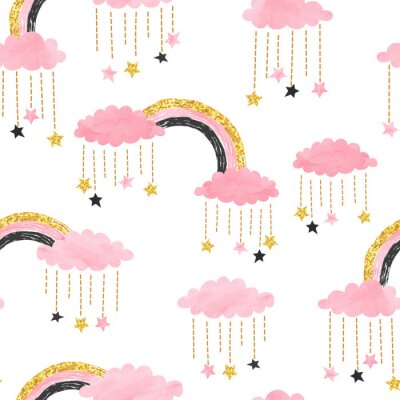 Tapete Cute pink seamless pattern with rainbows, clouds and stars. Vector watercolor illustration for kids.