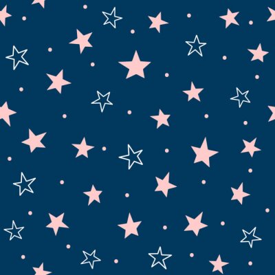 Tapete Cute seamless pattern with scattered stars and round dots. Repeated girly print. Blue, pink, white colors.